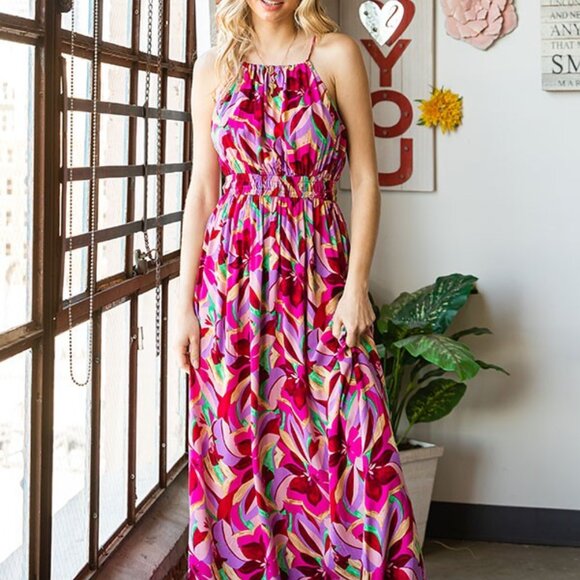 Magenta Floral Print Tie-Back Halter Maxi Dress - Picture 1 of 3